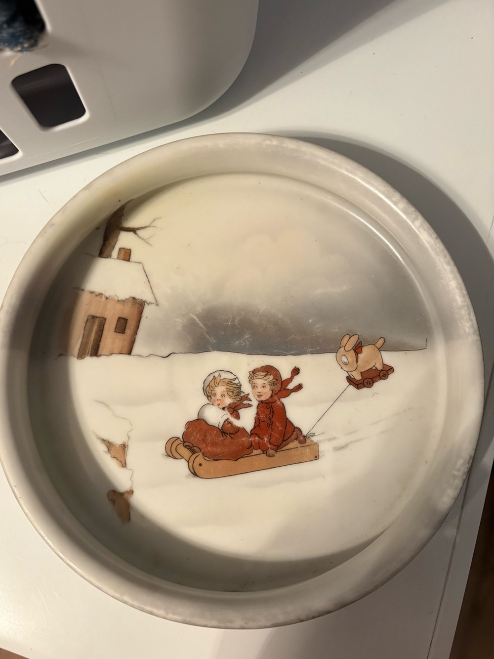 Antique Vintage 1920’s Jack & Jill Porcelain Bowel, Children sledding w/ dog.